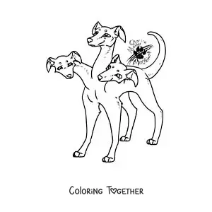 Coloring page of an animated Cerberus from mythology