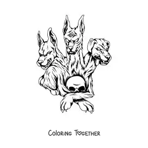 Coloring page of Cerberus the guardian of the underworld with a skull
