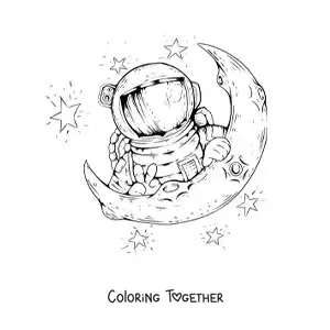 Coloring page of an astronaut peeking over a half Moon