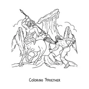 Coloring page of a warrior centaur in a battle