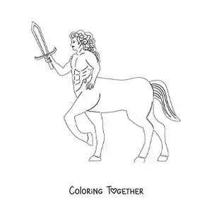 Coloring page of a centaur from mythology with a sword