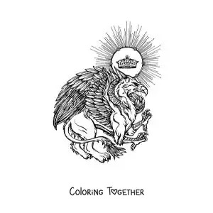 Coloring page of a realistic mythological griffin with a crown