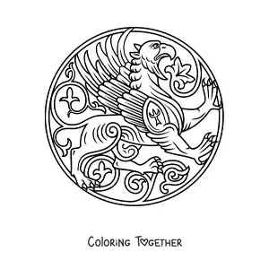 Coloring page of an emblem with a griffin from mythology