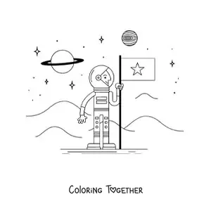 Coloring page of an astronaut with a flag on Mars
