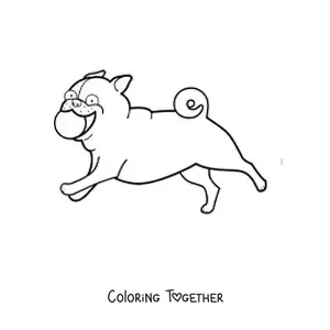 Coloring page of a pug running and biting a ball