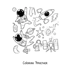 Coloring page of two animated astronauts surrounded by rockets and stars
