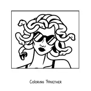 Coloring page of Medusa the goddess with sunglasses