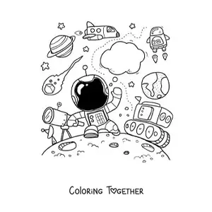 Coloring page of an animated astronaut surrounded by planets