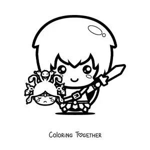 Coloring page of a kawaii Perseus with the head of Medusa