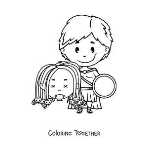 Coloring page of a cartoon Perseus with the head of Medusa