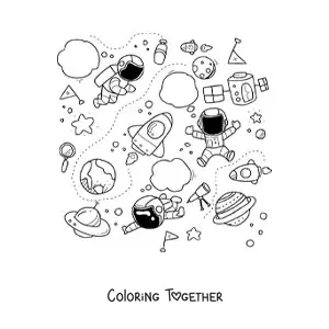 Coloring page of three animated astronauts and spaceships