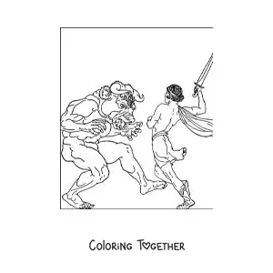 Coloring page of Theseus defeating the Minotaur