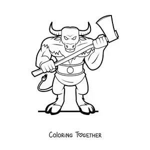 Coloring page of the Minotaur of the labyrinth with a weapon