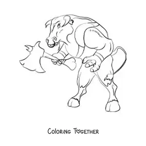Coloring page of the Minotaur of Crete with an axe