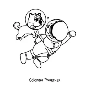 Coloring page of a dog wearing a space helmet next to an animated astronaut