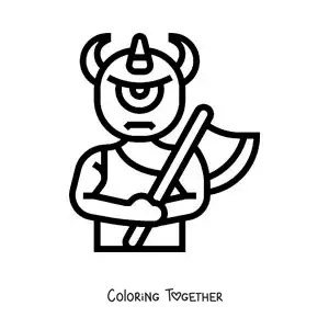Coloring page of a cartoon Cyclops from mythology with an axe