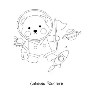 Coloring page of an animated astronaut bear in space