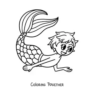 Coloring page of a cute kawaii merman swimming