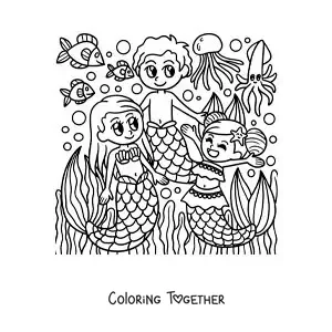 Coloring page of two mermaids and a merman in the sea