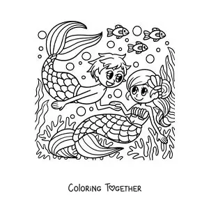 Coloring page of a merman and a mermaid couple