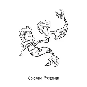 Coloring page of a mermaid and a merman
