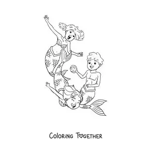 Coloring page of two mermaids and a merman playing