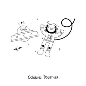 Coloring page of an animated astronaut and space cat in space