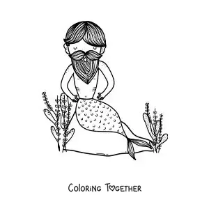 Coloring page of a bearded merman in the sea
