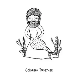 Coloring page of a cartoon merman in the sea