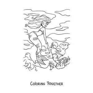 Coloring page of a merman and a mermaid couple swimming in the sea