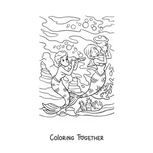 Coloring page of a merman and a mermaid playing music in the sea