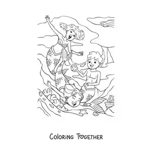 Coloring page of two mermaids and a merman playing in the sea