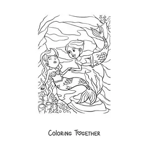 Coloring page of a mermaid and a merman in the sea