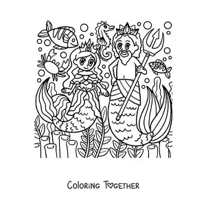 Coloring page of the god Triton and a mermaid in cartoon style