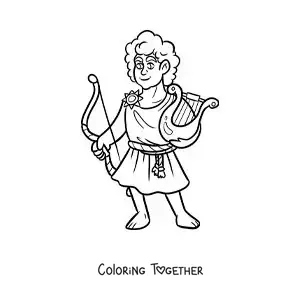 Coloring page of the Greek god Apollo in cartoon style with his lyre and bow