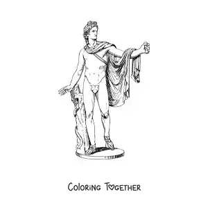 Coloring page of a realistic statue of the god Apollo