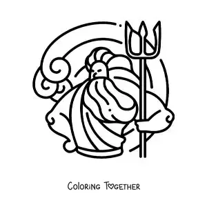 Coloring page of Poseidon the god of the sea in cartoon style