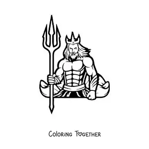 Coloring page of the Greek god Poseidon and his trident