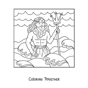 Coloring page of the god Poseidon in the sea in cartoon style