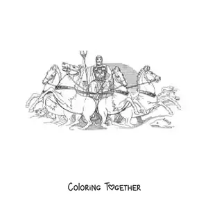 Coloring page of the god Poseidon with his trident and his horses