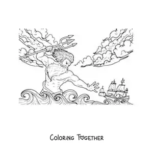 Coloring page of Poseidon controlling the sea to sink Odysseus's ship