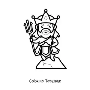 Coloring page of the sea god Poseidon in kawaii style