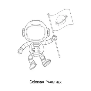 Coloring page of an animated astronaut holding a flag