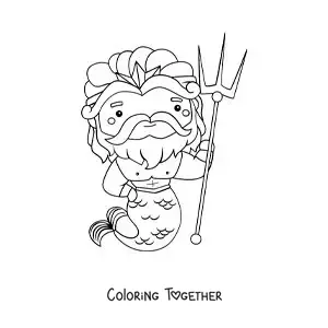 Coloring page of Poseidon in kawaii cartoon style with a trident
