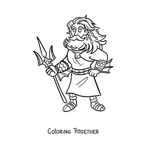 Coloring page of Poseidon the Olympian god in cartoon style