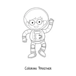 Coloring page of a boy astronaut waving