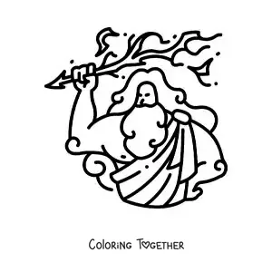 Coloring page of the Greek god Zeus in cartoon style hurling a lightning bolt