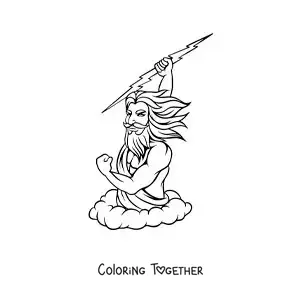 Coloring page of the Greek god Zeus hurling a lightning bolt in the sky