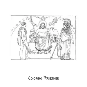 Coloring page of Zeus with Athena and Hermes on his throne on Mount Olympus