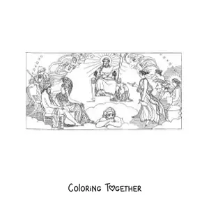 Coloring page of Zeus and the Greek gods on Mount Olympus